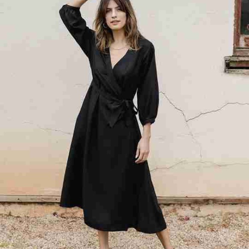 NWT Tradlands Lily Black Linen Wrap Dress